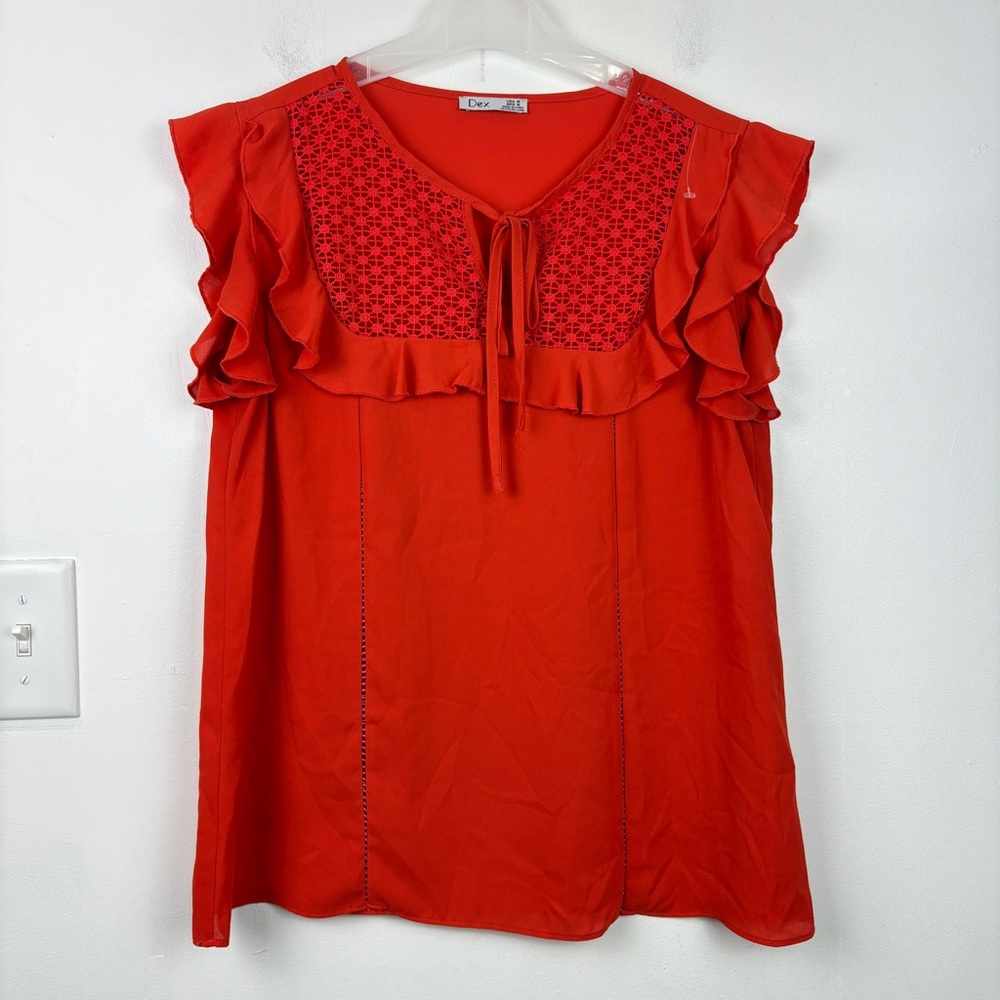 Dex Red Sleeveless Ruffled Tie Front Blouse Boho Feminine Lace Detail Top - Picture 2 of 8